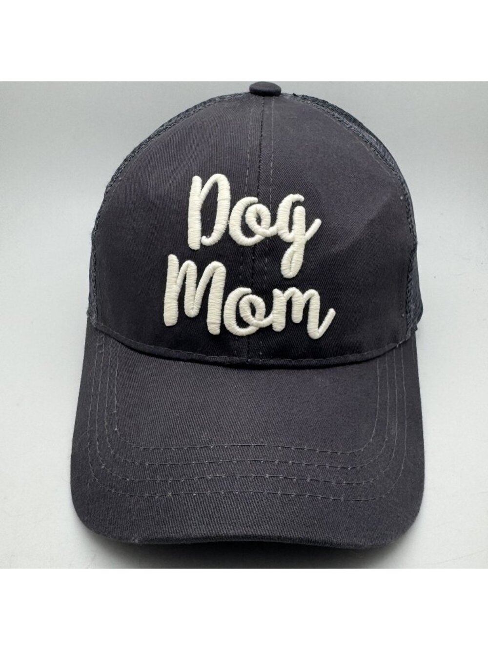 C.C Criss Cross Ponytail Hat Dog Mom Embroidered Mesh Trucker Cap Gray White